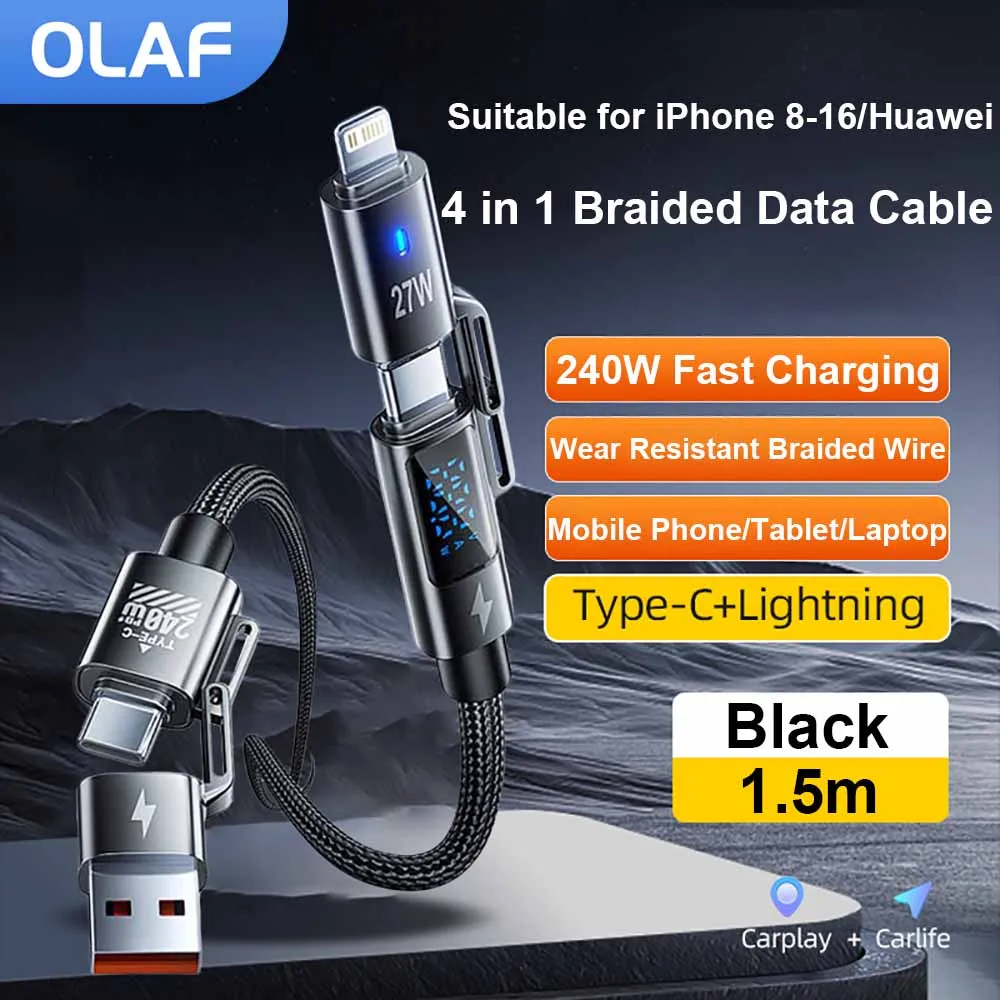 Cable de carga rápida USB C 4 en 1 de 240W, pantalla Digital LED de 1,5 m, Cable de datos tipo C a tipo C para iPhone 15 16 Samsung Xiaomi Poco - imagen 2
