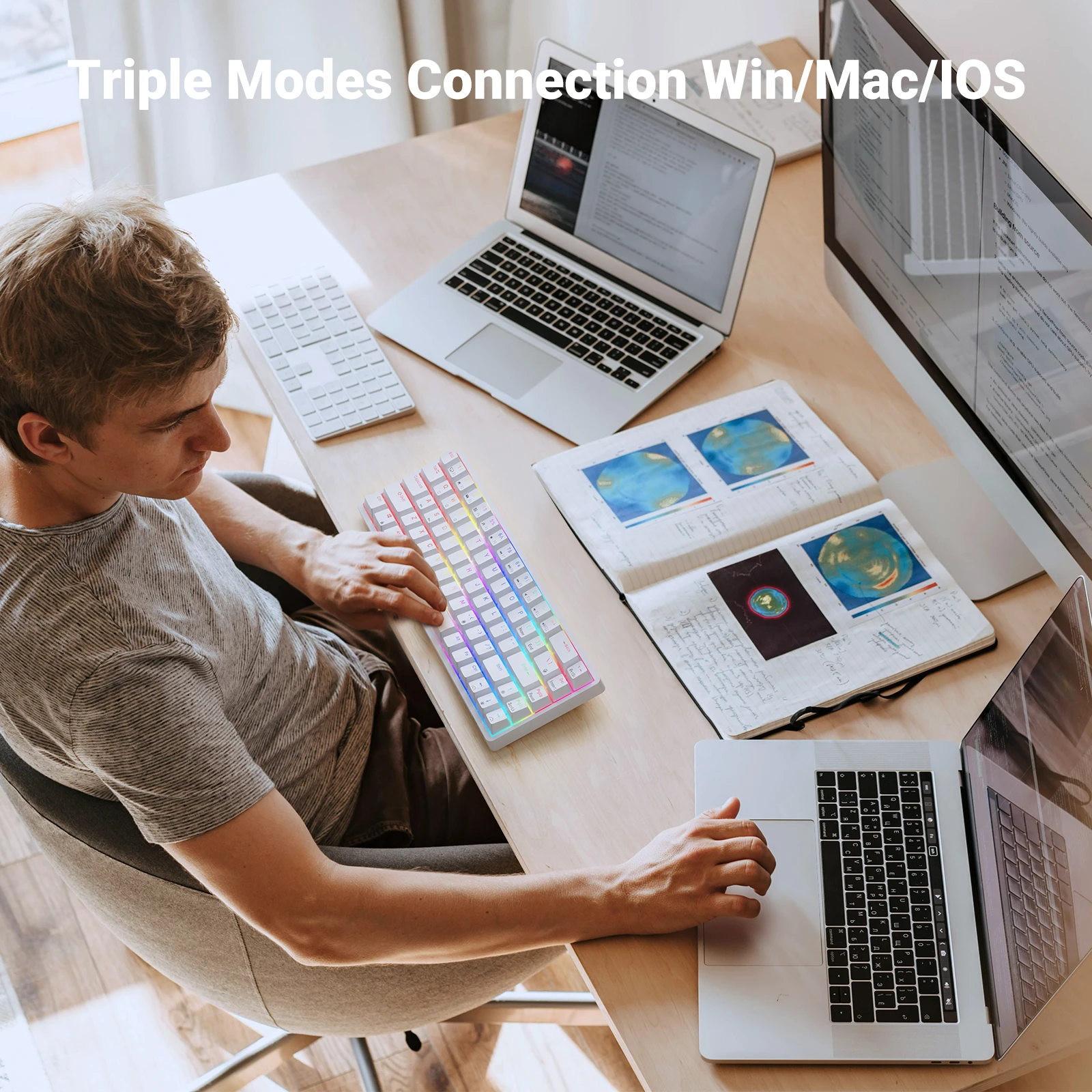 Teclado mecánico RK Royal Kludge RK837 en español, 68 teclas, retroiluminación RGB al 65 %, intercambiable en caliente, inalámbrico 2,4 GHz, Bluetooth para juegos - imagen 5