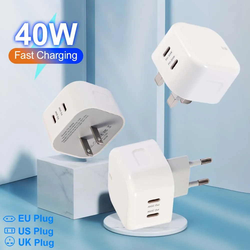 Total 40W Dual USB C tipo c PD cargador de pared adaptadores de corriente de carga rápida para Ipad 2 3 4 IPhone 12 13 14 15 Xiaomi Huawei