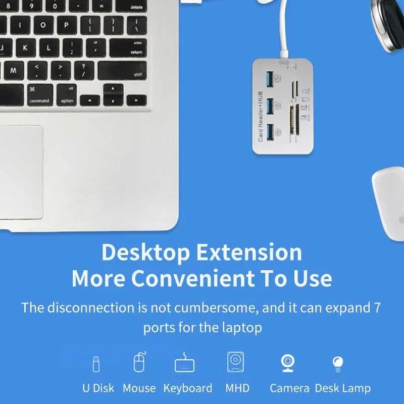 Lector de tarjetas con concentrador USB 7 en 1, expansor rápido USB 3,0 o USB 2,0, adaptador de tarjeta de memoria SD TF para disco U, PC, portátil, ratón, teclado - imagen 4