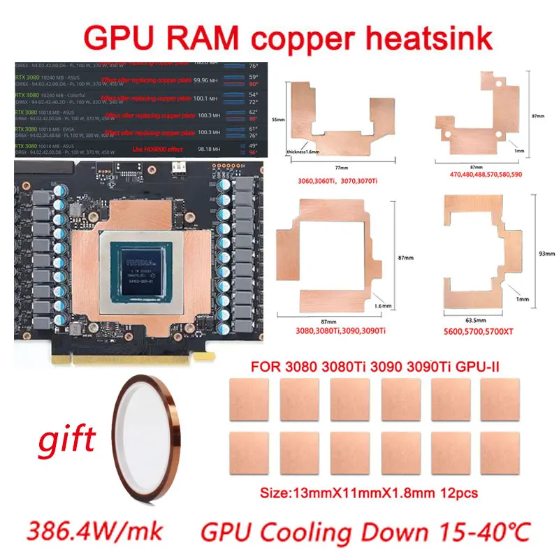 Disipador de calor de cobre GPU RAM para gráficos de memoria RTX 3060 3070 3080 3090 / 5600 5700 refrigeración GPU 15-40 ℃   Almohadilla térmica - imagen 2