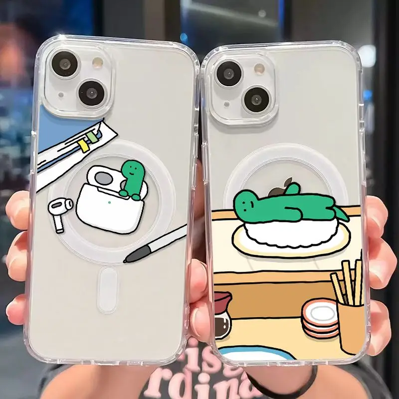 Funda de teléfono magnética ins dinosaurio coreano j-joguman Magsafe para iPhone 16 15 14 13 12 11 8 Plus Pro Max X XR XSMax cubierta transparente de Tpu
