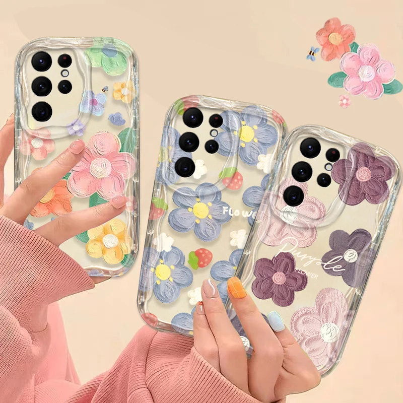 Pintura al óleo flor 3D onda caso para Samsung Galaxy S24 Ultra S23 S22 Plus S21 S20 FE A25 A55 A35 A15 A16 A05 A05S A06 cubierta