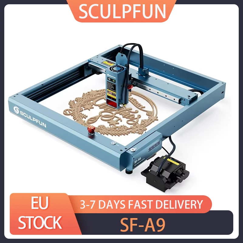 SCULPFUN SF-A9 Cortador de grabado láser de 40 W, asistencia de aire automática, velocidad de grabado de 36000 mm/min, USB/BT/WiFi, área de grabado de 400x400 mm