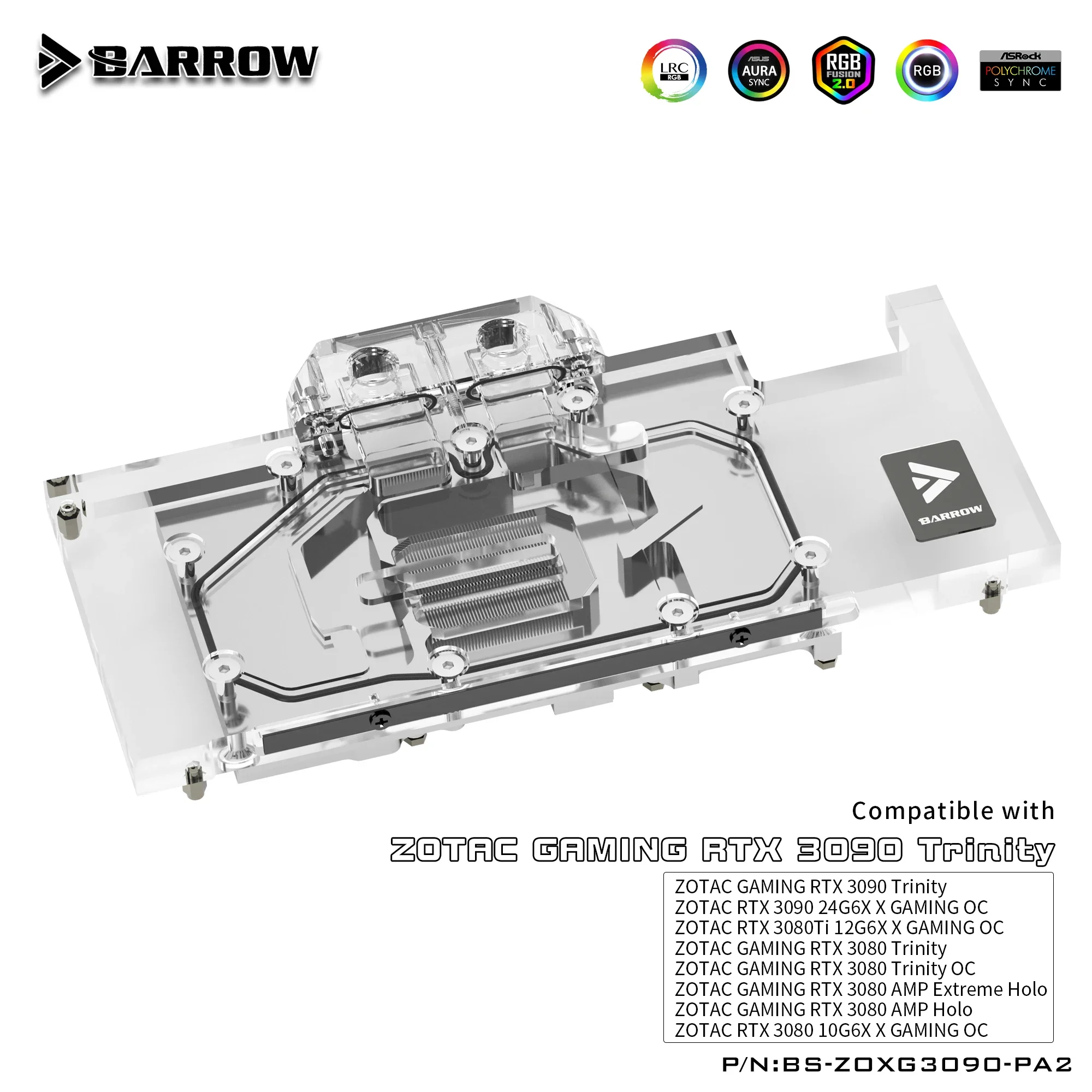 Barrow-bloque de agua GPU para ZOTAC GAMING RTX 3090 3080 TI, 5V ARGB, placa base de 3 pines AURA SYNC BS-ZOXG3090-PA2 - imagen 2