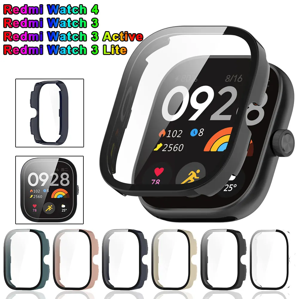 Funda de PC + película de vidrio para Redmi Watch 4, funda protectora de pantalla completa, fundas para Xiaomi Redmi Watch 3 Active/Lite