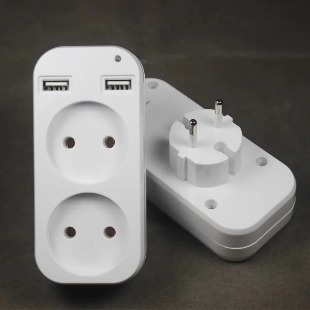 Enchufe europeo, toma de corriente CA, adaptador de enchufe USB, doble enchufe con 2 puertos USB, carga rápida, adaptador Protector contra sobretensiones para el hogar y la Oficina