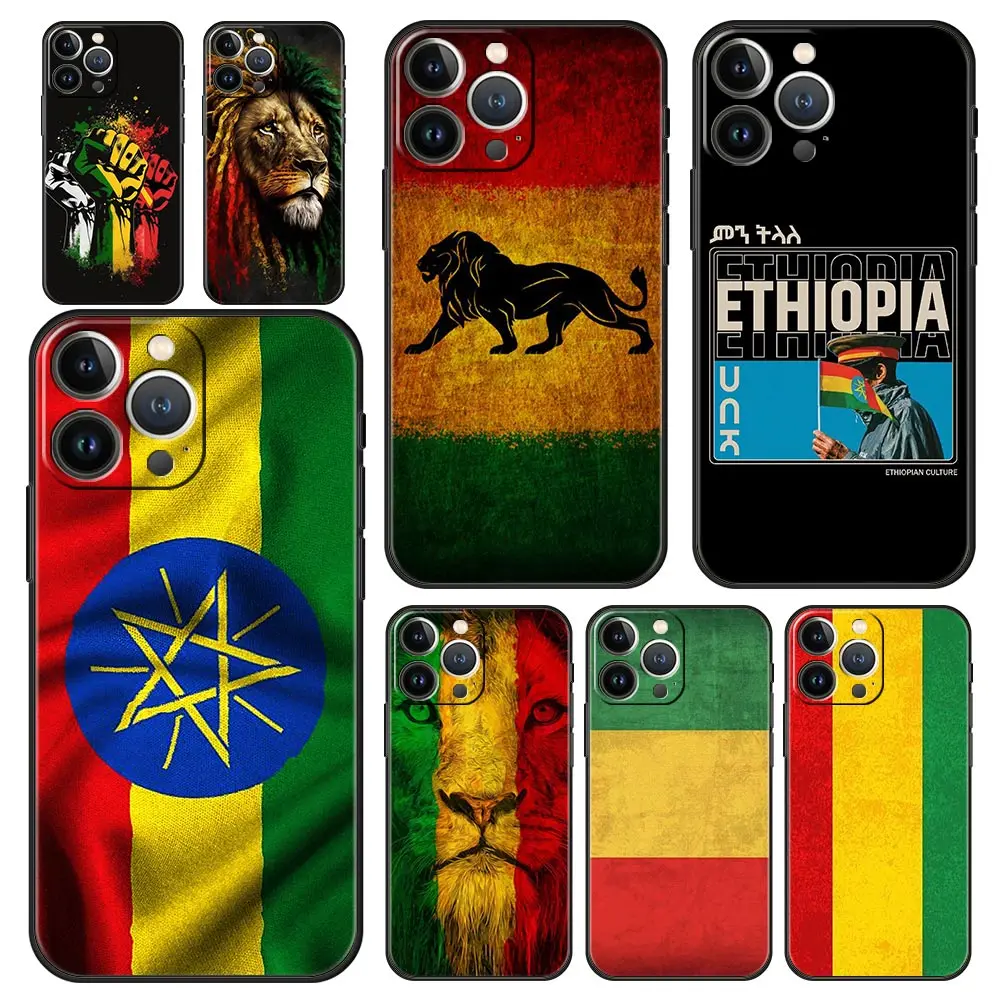 Funda de teléfono de lujo para Apple iPhone, 11, 15, 14 Pro MAX, 12, 13, 7, 8 Plus, X, XR, XS, MAX, SE, Funda de silicona negra, Bandera de Etiopía