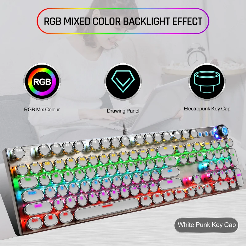 Teclado redondo Punk de 104 teclas con interruptor azul, teclado de ordenador blanco, Cable USB RGB con cable negro, Teclado mecánico para juegos 100% para PC - imagen 5