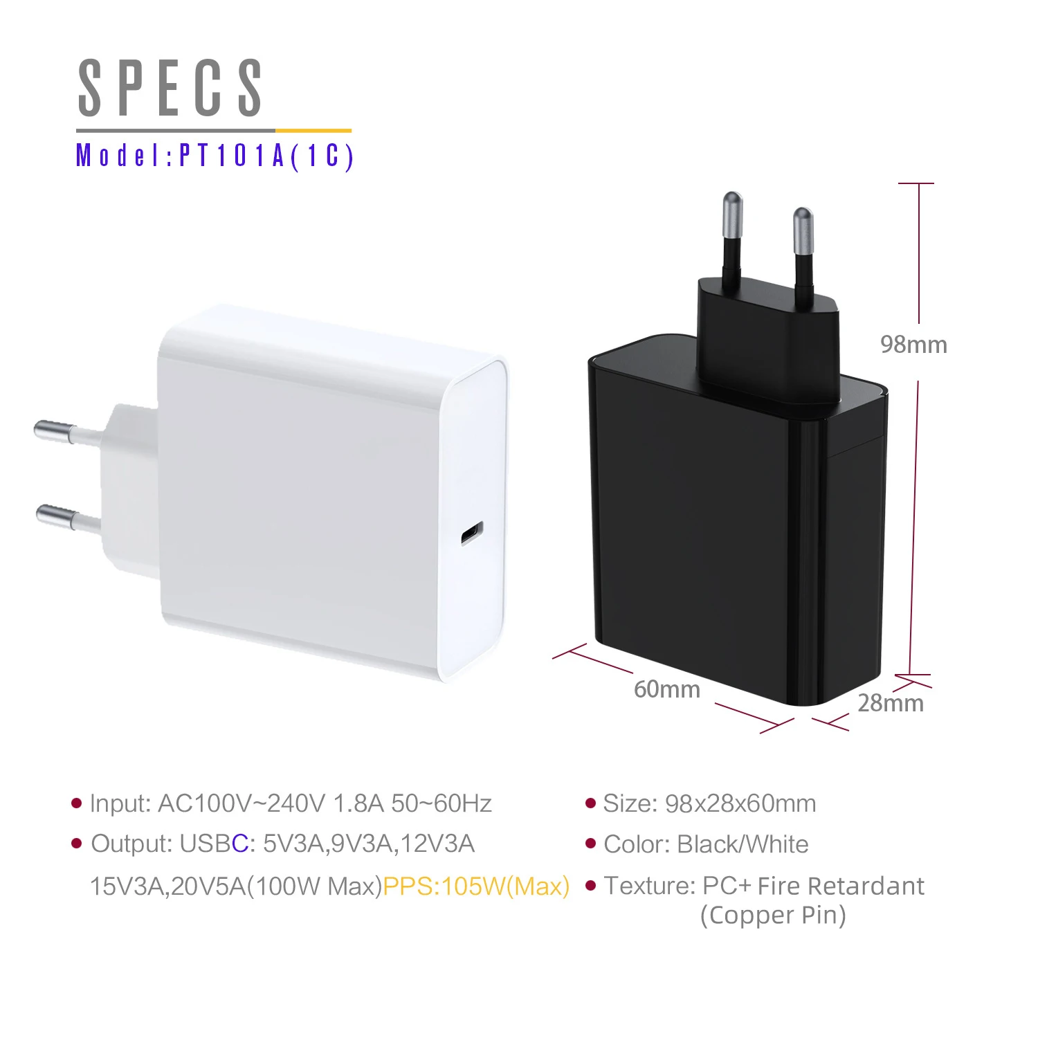 Cargador GaN de 100W, cargador de viaje USB C tipo C PD de 20V, adaptador de corriente alterna de la UE para MacBook, iPhone, Samsung, Xiaomi, teléfono portátil - imagen 4