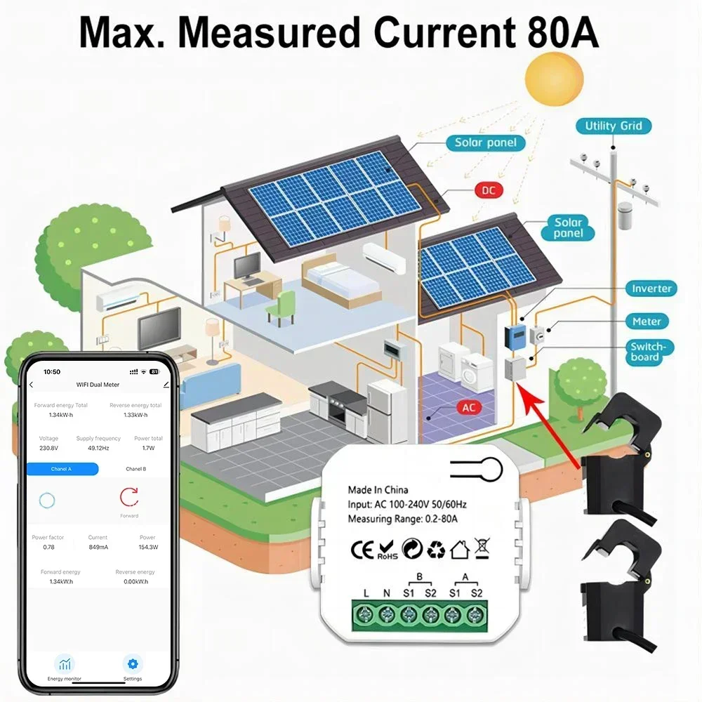 Medidor de energía inteligente Tuya con Wifi, Sistema Solar PV, consumo de producción de energía, monitoreo bidireccional, Control por aplicación, 100A - imagen 3