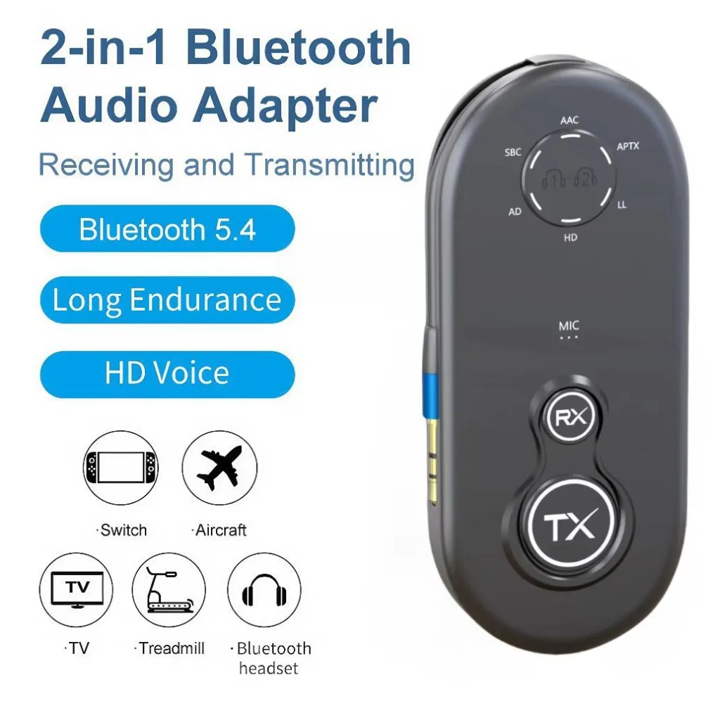 Transmisor Bluetooth 5,4, receptor adaptador de Audio inalámbrico 2 en 1, aptx, conector AUX RCA de 3,5mm, HD LL AAC SBC para PC, TV y auriculares