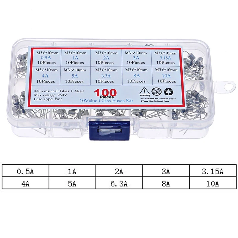 Fusible de vidrio lento Axial con doble tapa de hierro, kit mixto de alambre de plomo, 100 piezas, 10 valores, 3,6x10mm, 250V, 0,5a, 1A, 2A, 3A, 3,15a, 4A, 5A, 6,3a, 8A10A