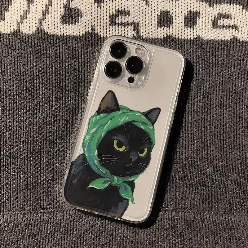 Bufanda de dibujos animados, funda de teléfono con patrón de gato negro para iPhone 17 Air X XR XS Max Mini 16 15 14 13 12 11 Pro Max, funda suave de tendencia encantadora - imagen 3