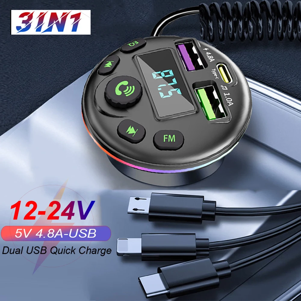 Transmisor FM Bluetooth 5,0 para coche, modulador de MP3, cargador de coche QC PD, carga rápida, encendedor de cigarrillos, HUB para Samsung, IPhone, Huawei