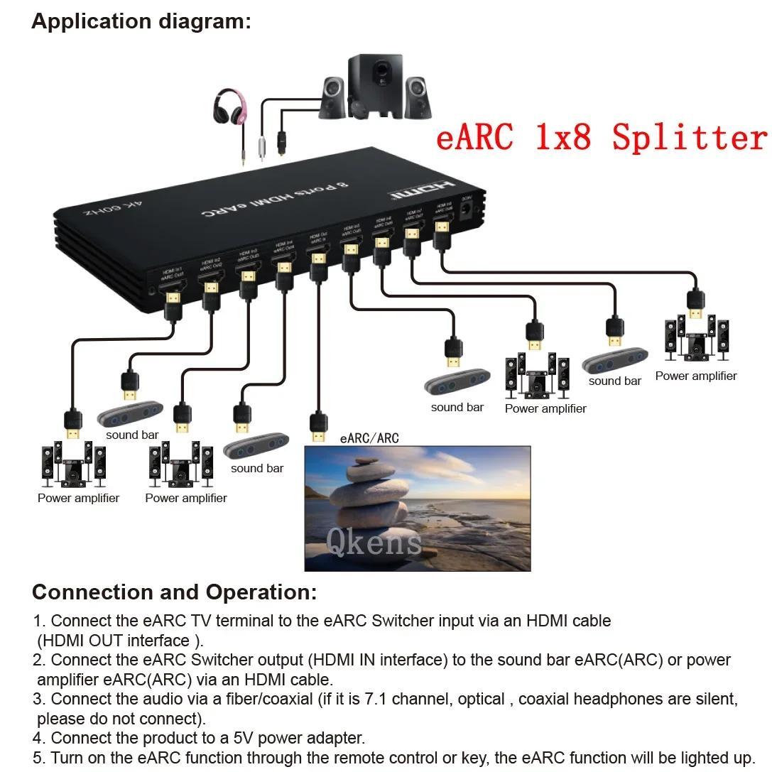 8 Ports HDMI EARC Audio Extractor Repeater 1 in 8 Out EARC Audio Return 1x8 Splitter / 4K 60Hz 8x1 HDMI Switcher Video Converter - imagen 5