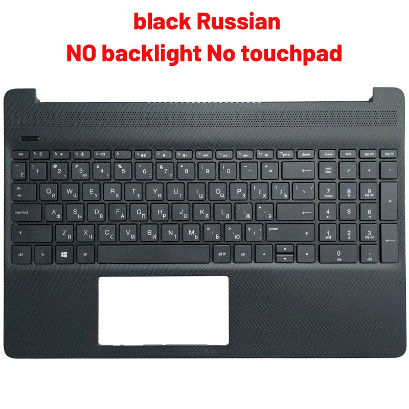 Un teclado negro con personajes rusos en él