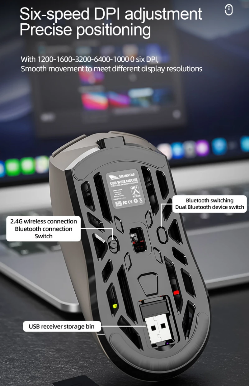 Ratón para juegos Ratón inalámbrico Bluetooth Programación de macros 3 modos SMAILWOLF RS8 6 teclas 73 g Superligero 6 niveles 24000 DPI RGB Ratón insignia para deportes electrónicos Pantalla de visualización - imagen 5