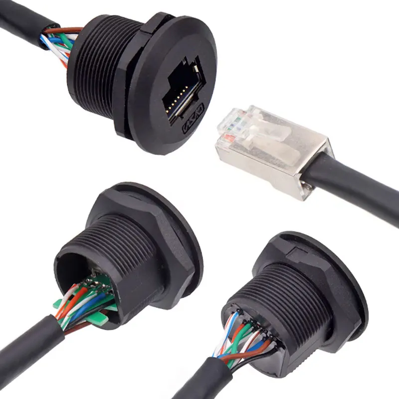 Toma de Panel hembra RJ45 con Cable, enchufe de aviación EP-RJ45 resistente al agua, Cable conector de red Ethernet CAT6, línea de extensión de Panel rj45