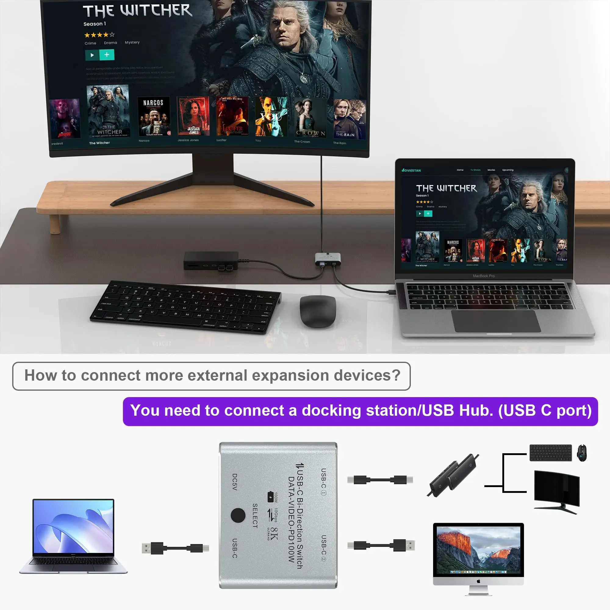 Divisor de interruptor KVM USB C bidireccional 8K 2 en 1 salida para transferencia de vídeo 8K@60Hz/4K@120Hz + carga de 100W + datos de 10Gbps - imagen 4