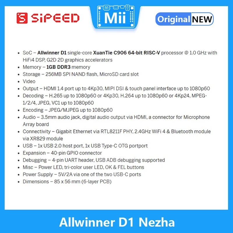 Sipeed Nezha 64bit RISC-V Linux SBC Allwinner D1@1.0GHz con 1GByte DDR3, compatible con sistema Tina/Debian - imagen 5
