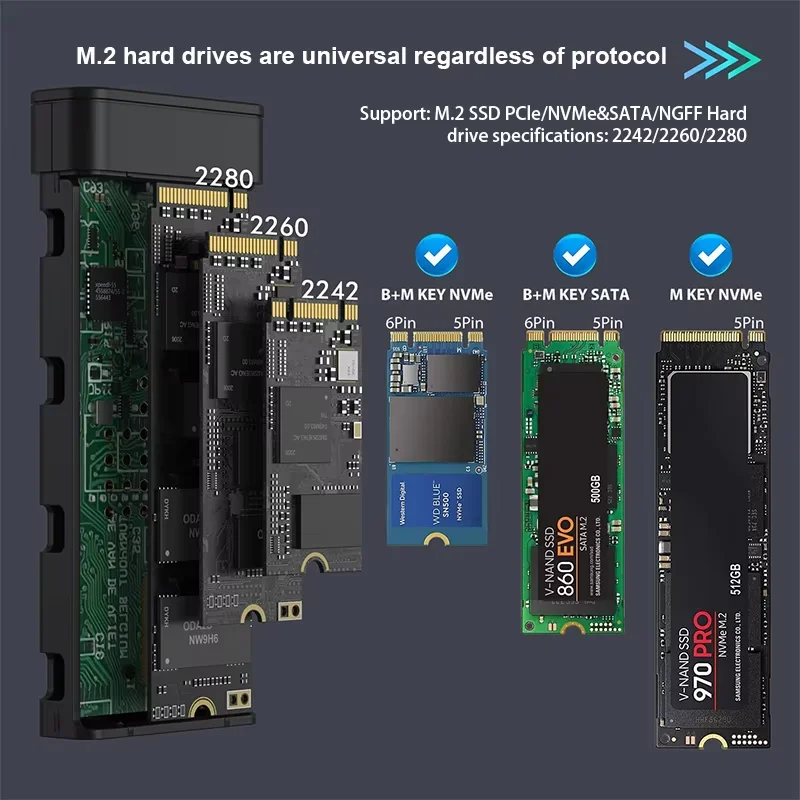 Caja SSD M.2 NVME SATA de 10Gbps con ventilador de refrigeración incorporado carcasa SSD tipo C adaptador NVME NGFF SSD compatible con M.2 2242 2260 2280 - imagen 5