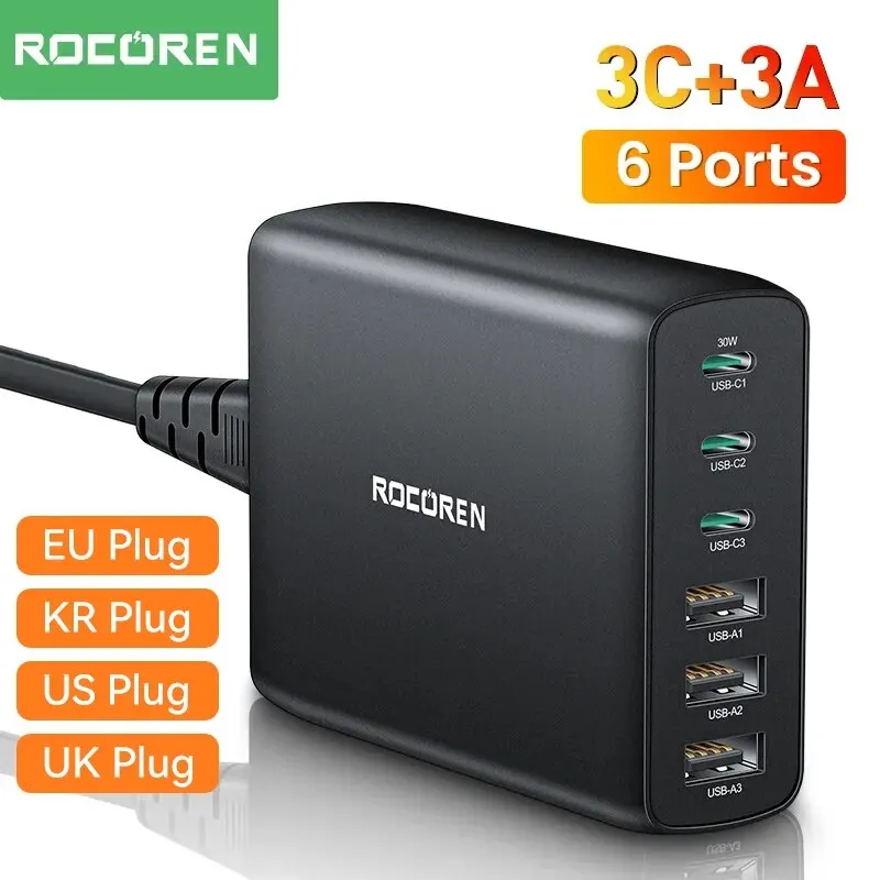 Rocoren-cargador USB tipo C de 100W, estación de carga rápida de 6 puertos, PD, para iPhone 14, 13 Pro, Xiaomi POCO