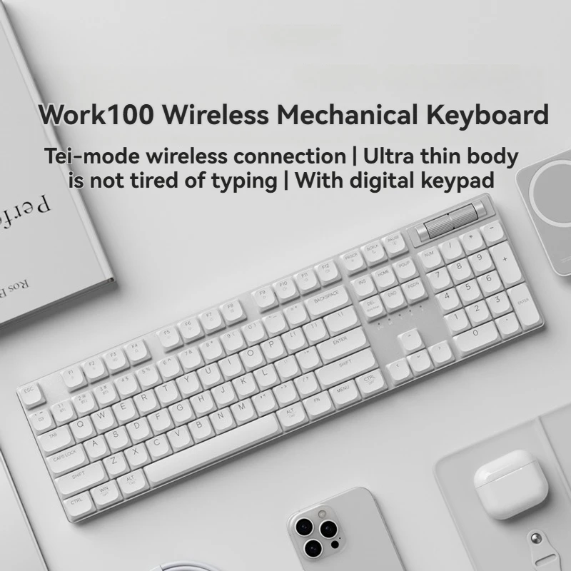 Teclado mecánico de perfil bajo Work100, teclado mecánico ergonómico de juego inalámbrico RGB de tres modos personalizado, intercambiable en caliente, 104 teclas