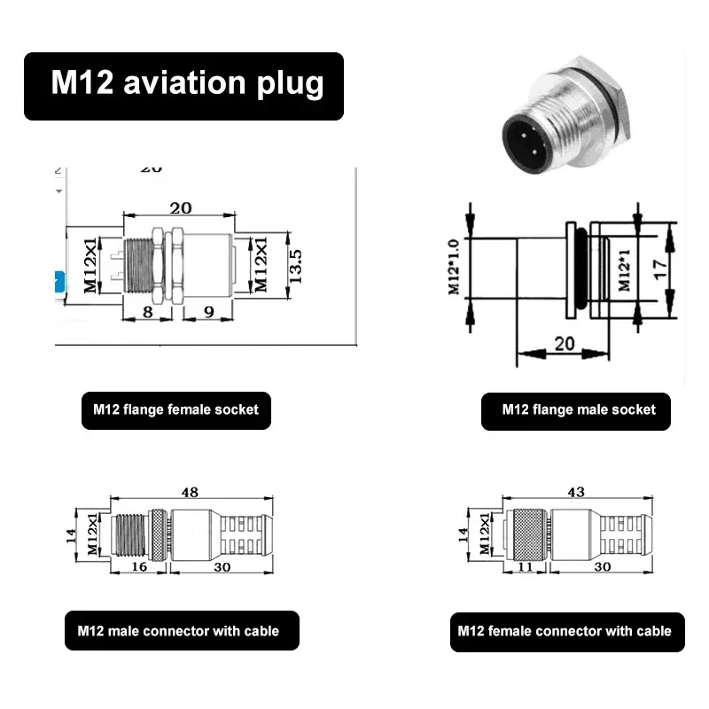 Cable de enchufe de aviación M12, 4 pines, 5 pines, 6 pines, 8 pines, 12 pines, cabeza recta macho hembra con Cable de 2 M, asiento de brida, conector de codo impermeable - imagen 2