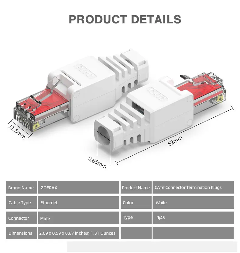 ZoeRax-conector Ethernet CAT6 RJ45, 1 Herramienta de piezas, enchufes de terminación, Cable de 23AWG a 26AWG, instalación de enchufe de Internet sin Toolless - imagen 5