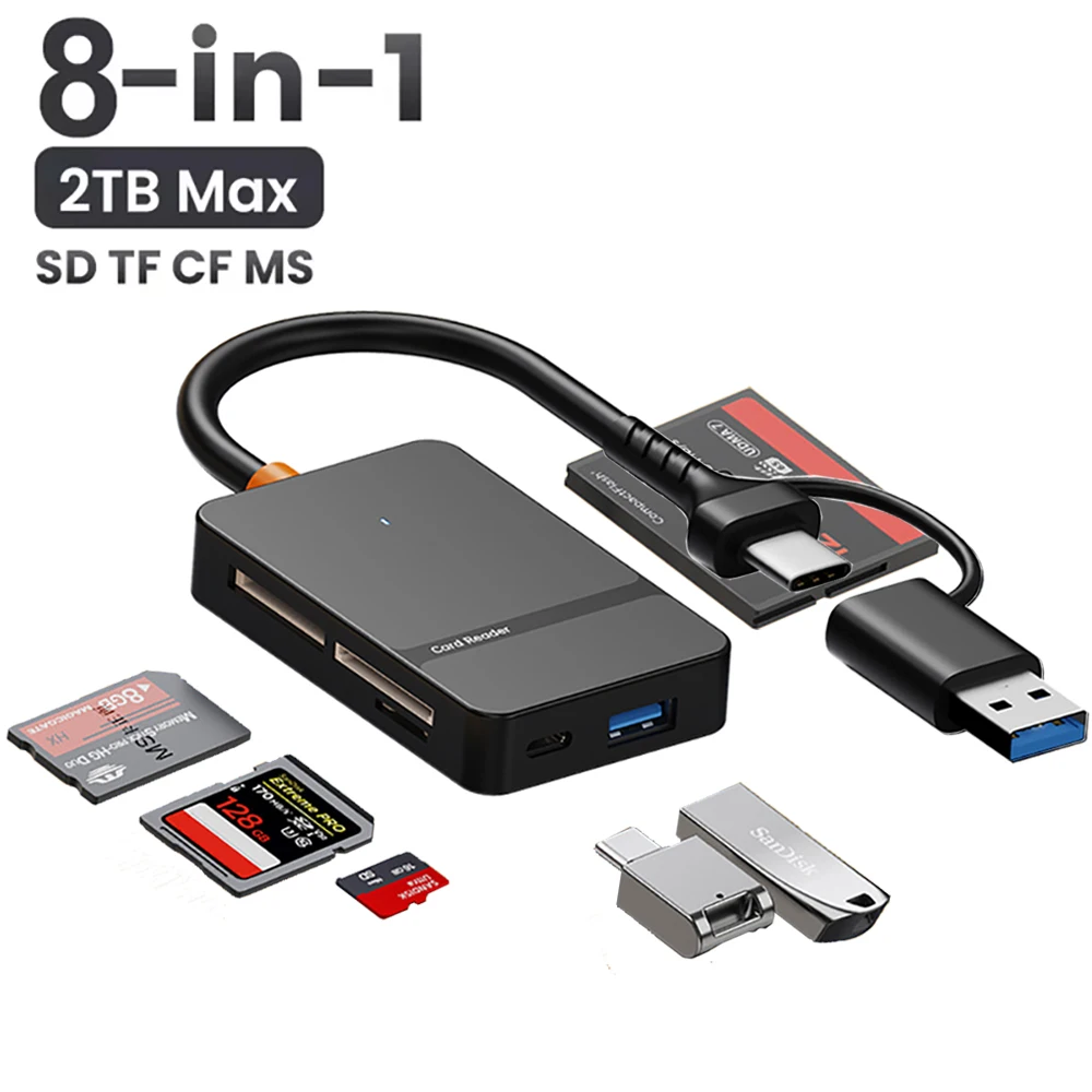 Lector de tarjetas USB C 8 en 1, lector de tarjetas multifuncional, compatible con tarjeta SD/TF/CF/MS, lectura de 5Gbps, adaptador de tarjeta Flash de disco U