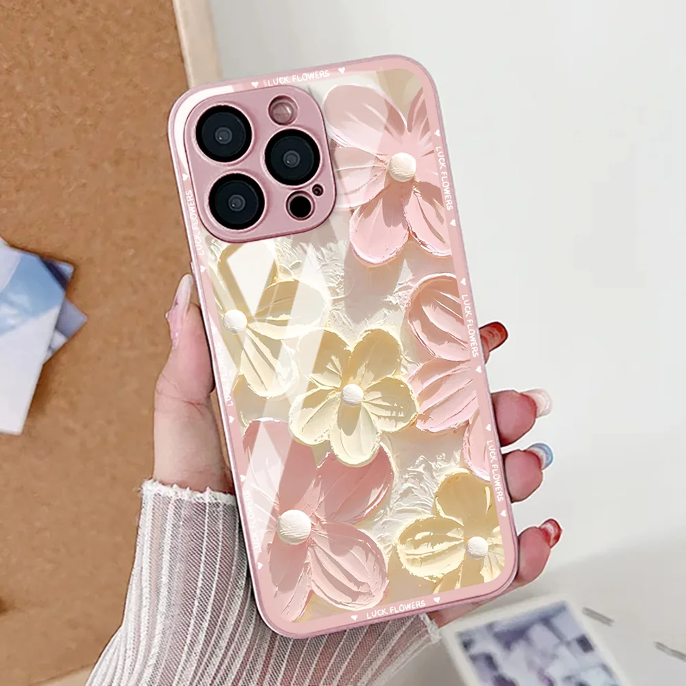 Funda de teléfono con pintura al óleo de flores para iPhone 16 13 17 15 11 12 14 Pro Max 17 Air 16E 8 7 Plus XR SE 2022 2020 cubierta de vidrio templado