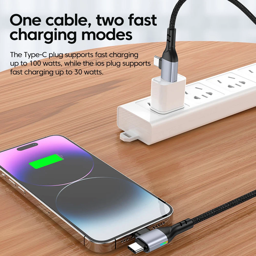 Carga rápida 100W 2 en 2 USB tipo C a tipo C Cable de datos de carga trenzado para teléfono móvil para iPhone 15 16 14 Samsung USB a L - imagen 3