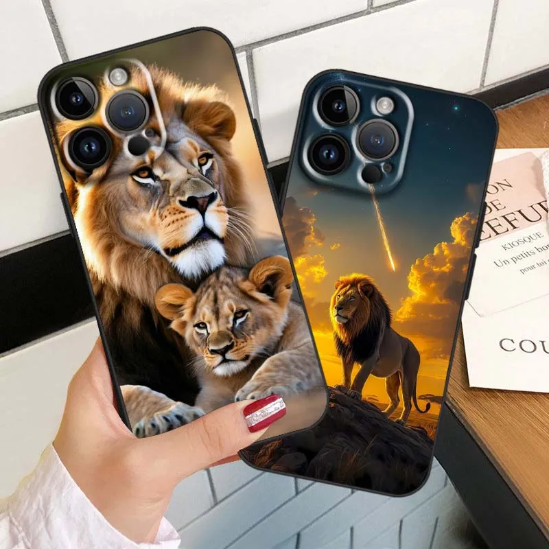 Animal con estampado de León para Apple iPhone 12 11 8 7 6 6S XS XR X SE Mini Plus Pro Max funda de teléfono negra - imagen 2