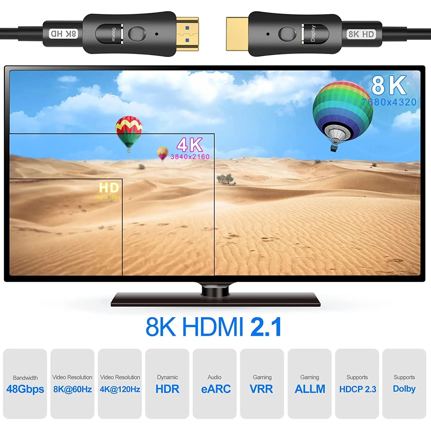 Cable HDMI 2,1 de fibra óptica de alta velocidad 8K @ 60Hz 4K @ 120Hz 48Gpbs HDR HDCP2.2/2,3 doble cabezal desmontable para PC portátil TV box PS5 - imagen 4