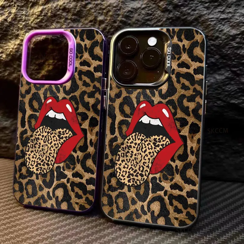 Funda con estampado de leopardo y labios rojos para iPhone 16 15 Pro Max 11 12 14 13 7 8 Plus X XS XR SE, funda de silicona con lengua grande para mujer - imagen 2