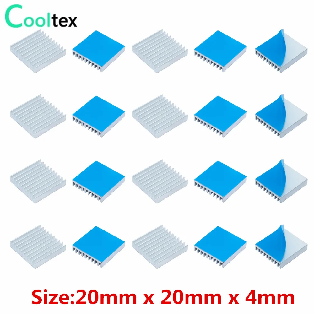 30 Uds disipador de calor de aluminio 20x20x4mm disipador de calor de refrigeración para Chip electrónico IC MOS Raspberry pi con cinta conductora térmica