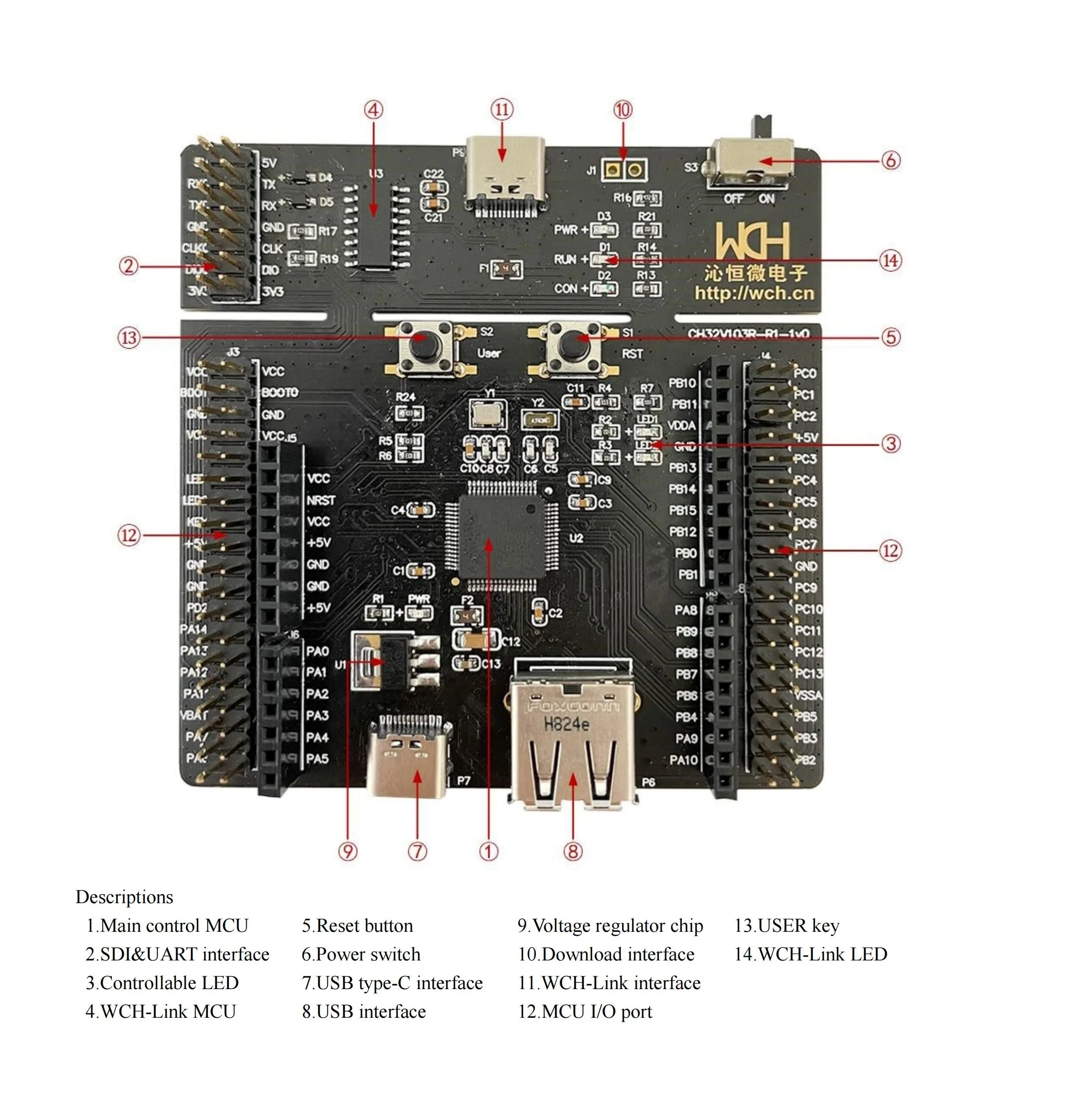 Placa de desarrollo CH32V103, placas de evaluación de microcontrolador CH32V103R8T6 de depurador WCH-Link integrado - imagen 2