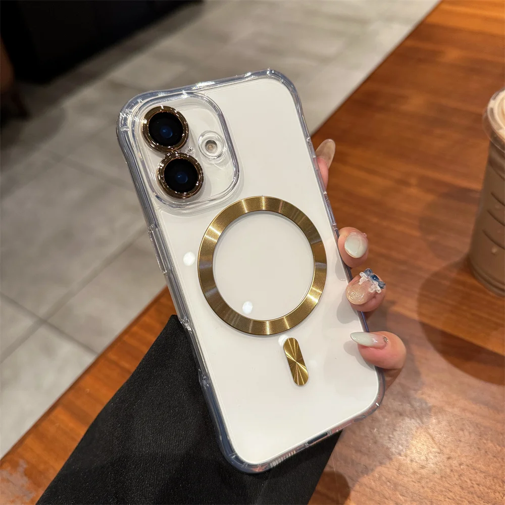 Parachoques de armadura de lujo para funda de teléfono transparente Magsafe para iPhone 15 14 13 16 Pro Max cubierta protectora de lente de carga inalámbrica - imagen 4