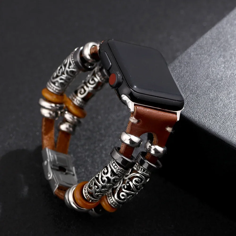 Correa de cuero para Apple Watch Band Ultra 2 49mm 41mm 45mm 44mm/40mm 38/42 pulsera Bohemia hecha a mano serie 8 9 7 6 5 4 SE
