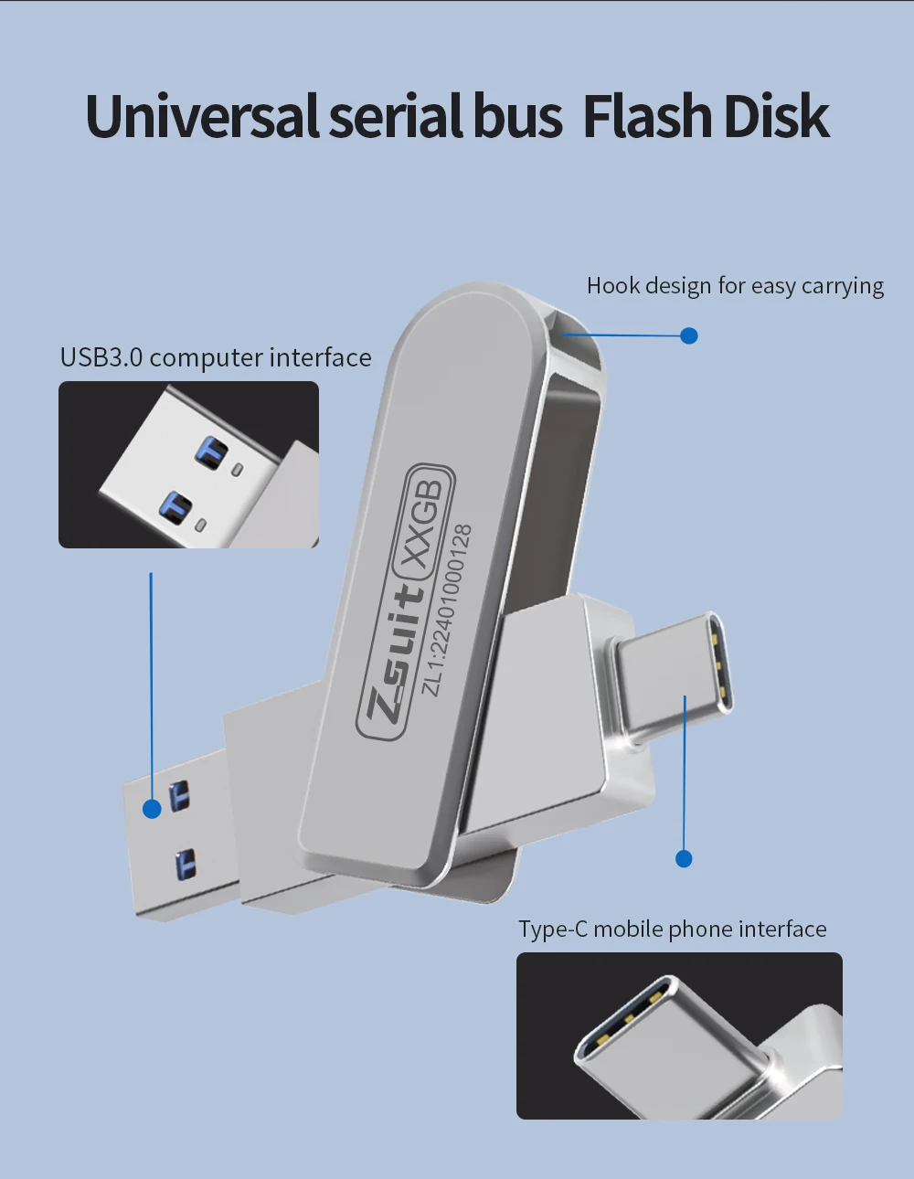 Unidad Flash USB Zsuit, USB-C giratorio, 64GB, 128GB, 32GB, 16GB, USB 3,0 tipo C, unidad de memoria USB 2 en 1 - imagen 3