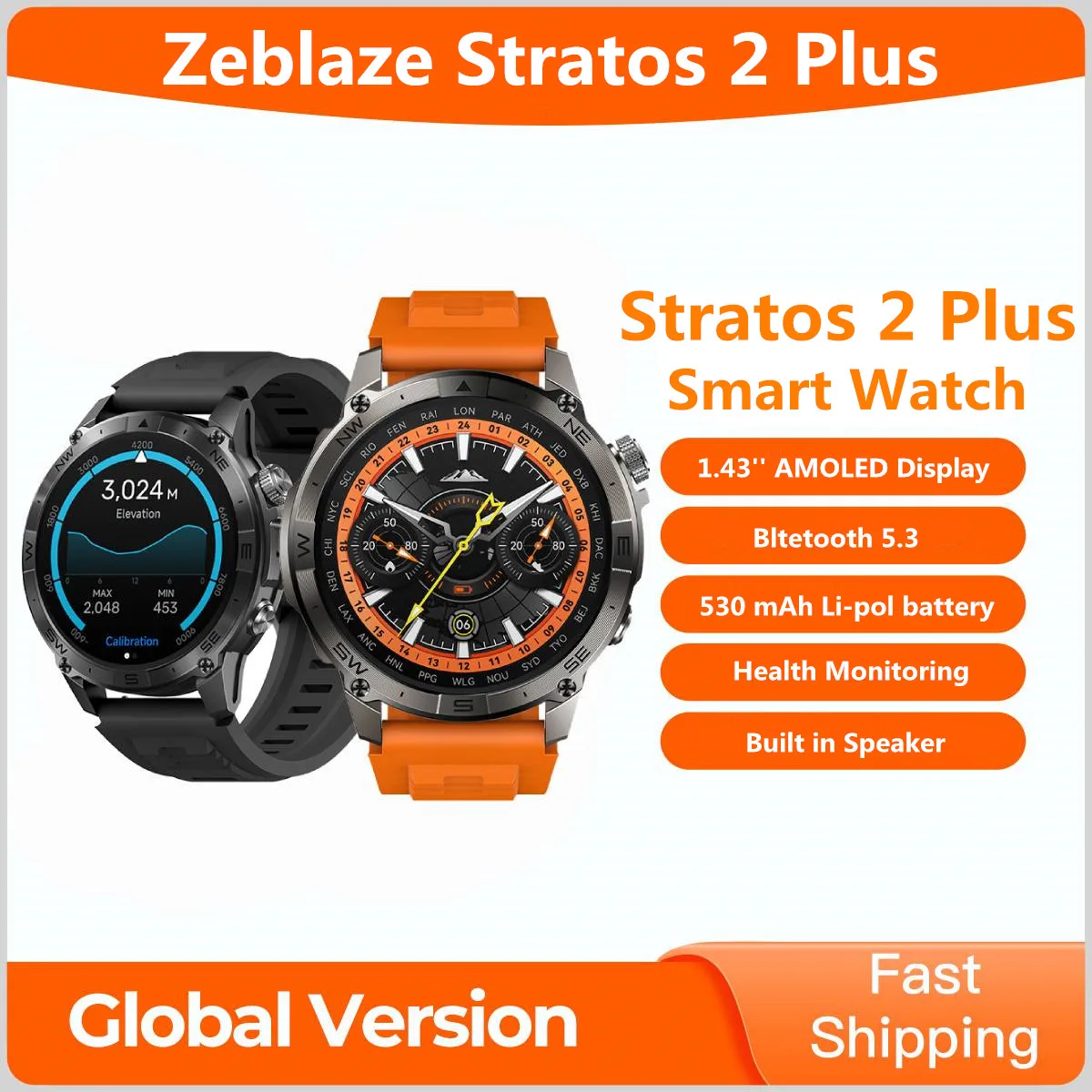 Zeblaze Stratos 2 Plus 1,43 pulgadas AMOLED GPS salud y Fitness altímetro barométrico brújula 3 ATM reloj inteligente resistente al agua