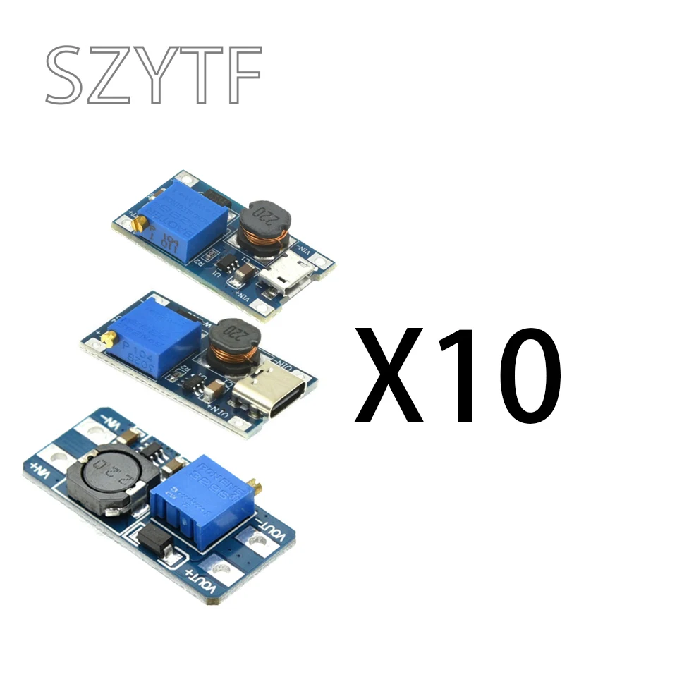 10 unidades MT3608 DC-DC TYPE-C Micro ajustable Módulo de refuerzo 2A DC DC módulo convertidor de potencia 2V-24V a 5V 9V 12V 28V