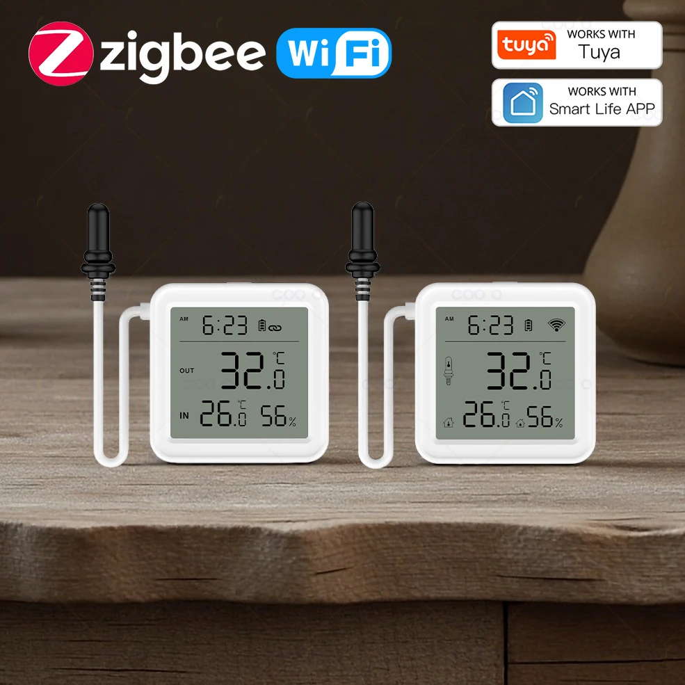 Medidor de humedad y temperatura Tuya WiFi Zigbee con Sensor de sonda externa, termómetro Digital con pantalla LCD para congelador de pecera