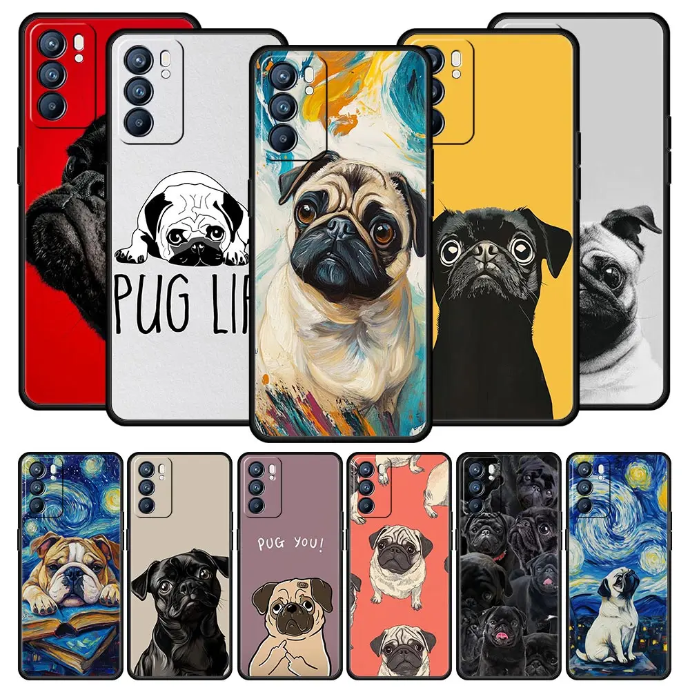 Funda de teléfono para Oppo Reno13 Reno12 Reno11 F Reno10 Pro A54 A53 A95 A76 A74 A57 A98 A80 A79 5G A78 4G cubierta negra Pug de primer plano