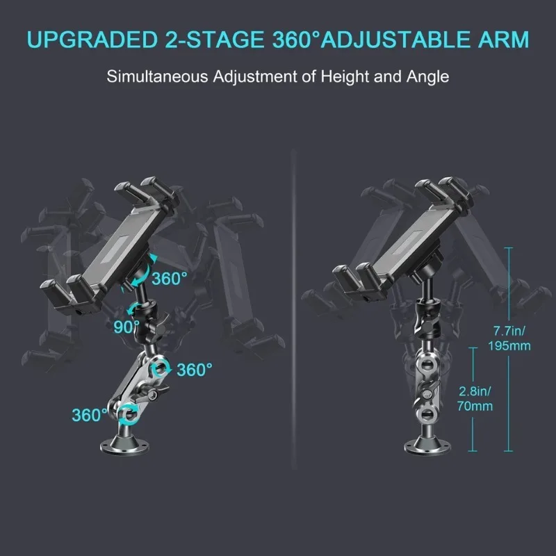 Soporte de aluminio para teléfono de coche, soporte para tableta, Base de taladro resistente, soporte para salpicadero de coche 360 °   Soporte ajustable de 2 etapas para iPad de 4,7-13" - imagen 4