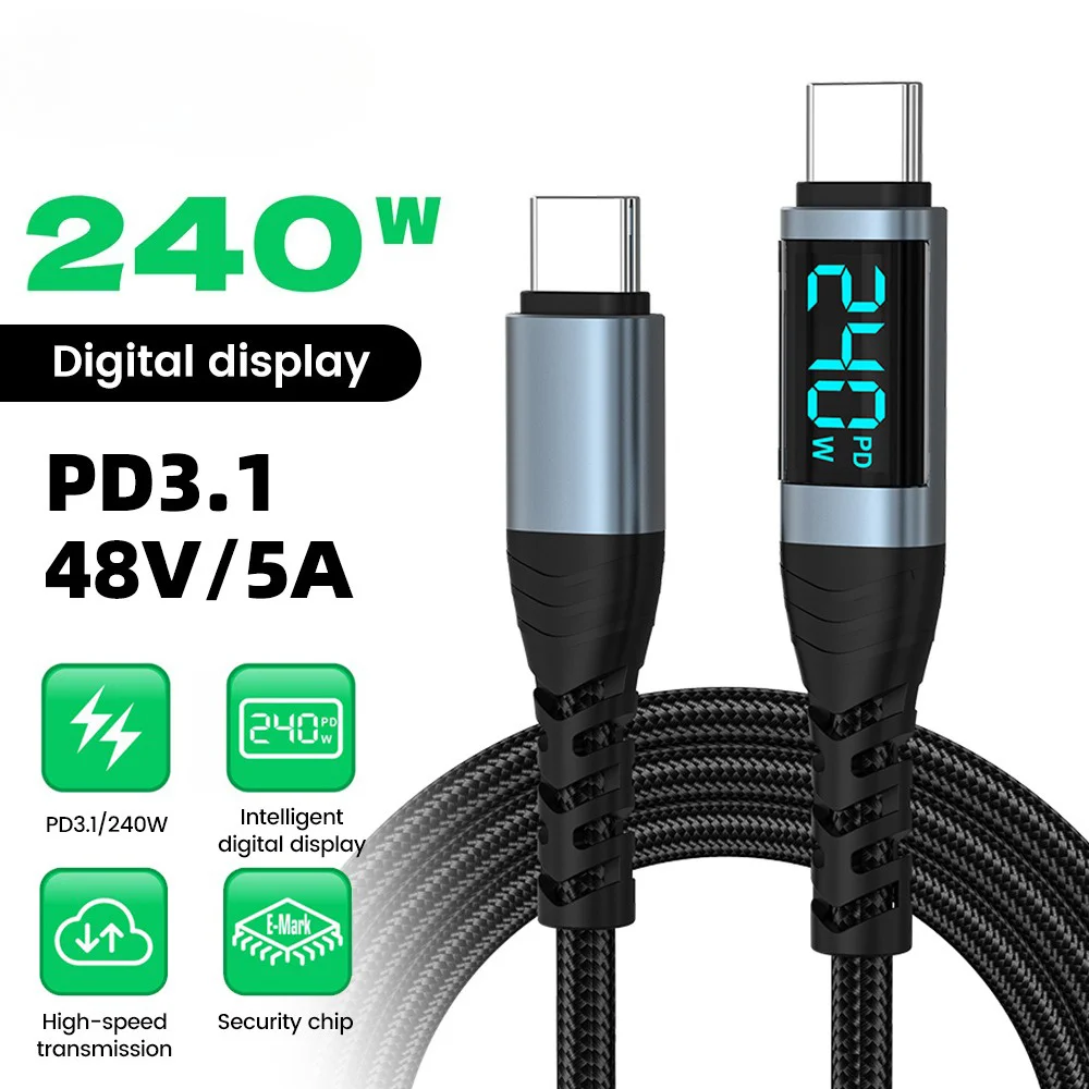 Cable tipo C a tipo C 240W pantalla Digital súper carga 0,5 m-2m Cable de datos USB C para Iphone 17 16 Samsung S24 S23 Huawei Xiaomi