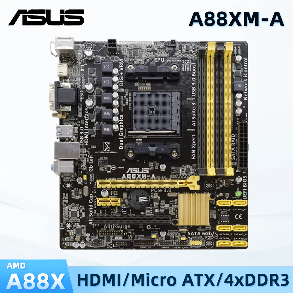 Placa base ASUS A88XM-A FM2/FM2 AMD A88X DDR3 64GB Micro ATX compatible con AMD A10-6700 A4-5300B A10-7800 A8-5500 A8-8650 X4