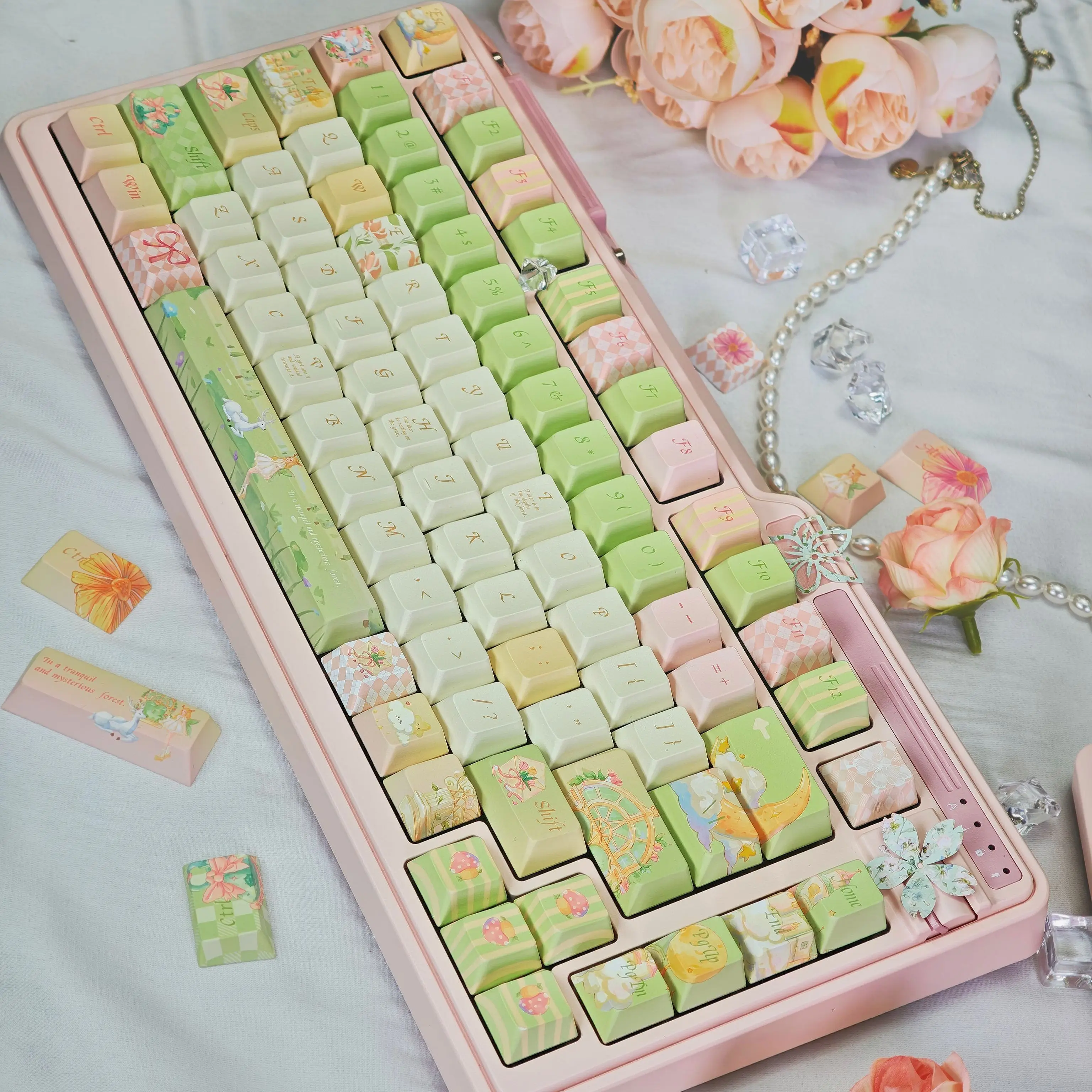 Teclas con tema de bosque y ciervo, cereza verde claro/profilo MDA, teclas de teclado mecánico personalizadas PBT, 140 teclas, bonitas teclas de hadas - imagen 4