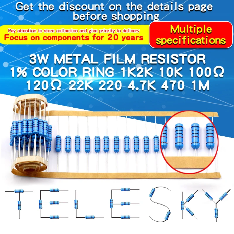 20 piezas resistencia de película metálica de 3W 1% 1Ω - 1MΩ 10 47 100 120 150 220 300 330 470 910 1K 2,2K 4,7K 10K 15K 20K 47K 100K 220K 470K ohm - imagen 2
